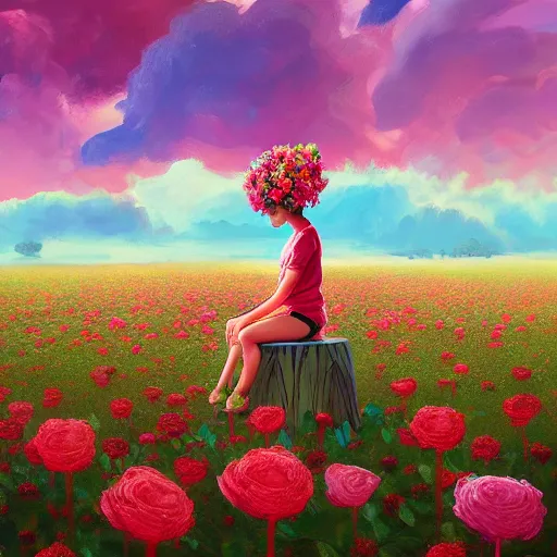 Image similar to giant rose flower head, girl sitting in a flower field, surreal photography, sunrise, dramatic light, impressionist painting, colorful clouds, digital painting, artstation, simon stalenhag