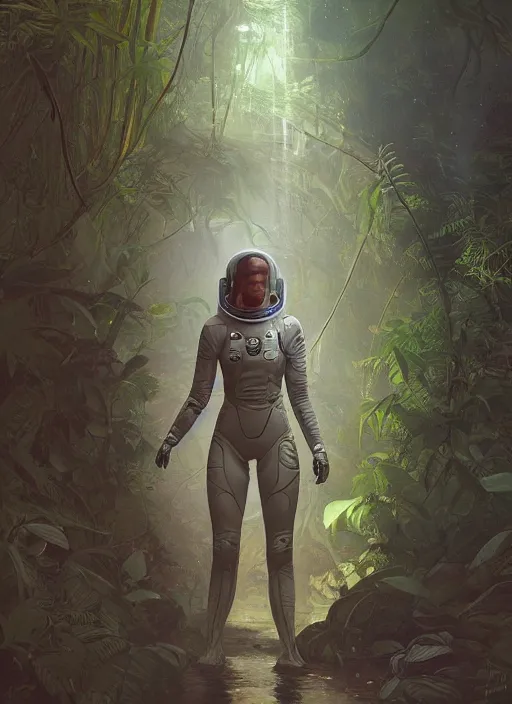 Prompt: a beautiful anatomically correct female sci-fi astronaut exploring a magical rain forest, D&D, fantasy, intricate, cinematic lighting, highly detailed, digital painting, artstation, concept art, smooth, sharp focus, illustration, art by Terry Moore and Greg Rutkowski and Alphonse Mucha