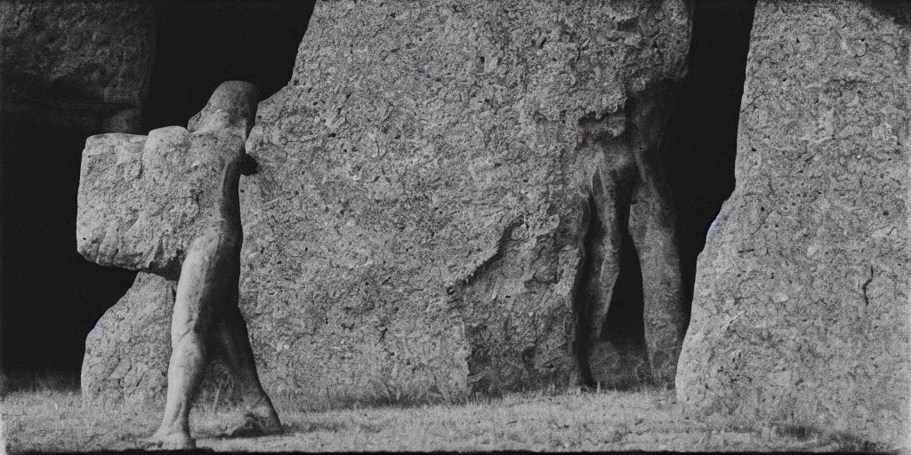 Prompt: creepy photo of dottore dancing around a stone monolith in a barn, 70mm film, old film, found film, scary, ominous, disturbing