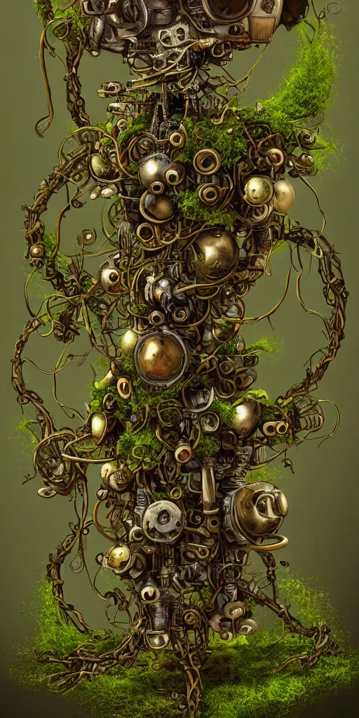 Image similar to a steampunk robot with mushrooms growing out of it's head, intertwined with fungus and vines, overgrown, moss, mycelium, detailed, 4 k, trending in artstation