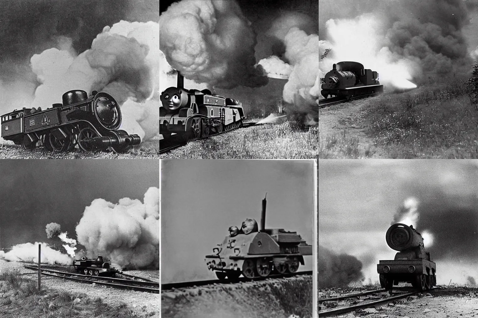 Prompt: WW2 era photograph of Thomas-tank-engine-face on 800mm German artillery Dora firing off a shot