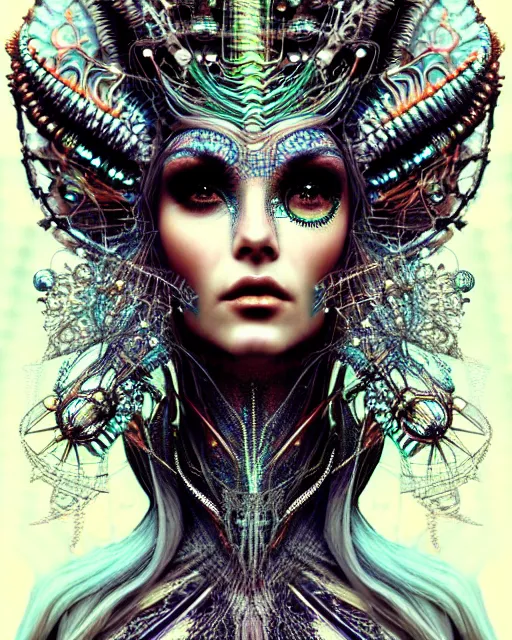 Image similar to hyperrealistic detailed portrait of a beautiful goddess in a cyber headdress, intricate cyberpunk make - up, art by android jones, ernst haeckel, nekro borja, alphonso mucha, h. r. giger, gothic - cyberpunk,