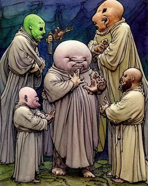 Prompt: a realistic and atmospheric watercolour fantasy character concept art portrait of a fat adorable dirty chibi alien greeting a group of medieval monks in grey robes. by rebecca guay, michael kaluta, charles vess and jean moebius giraud