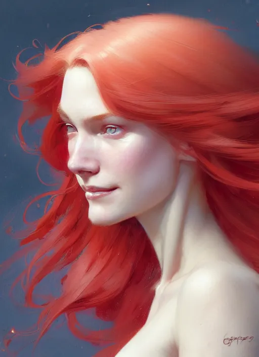 Prompt: close up highly detailed portrait of a beautiful!!! pale girl with flowing red hairs, sideview!!!, side view, round pretty face, sweet smile, beautiful eyes. by greg rutkowski and gaston bussiere and craig mullins and j. c. leyendecker, hd