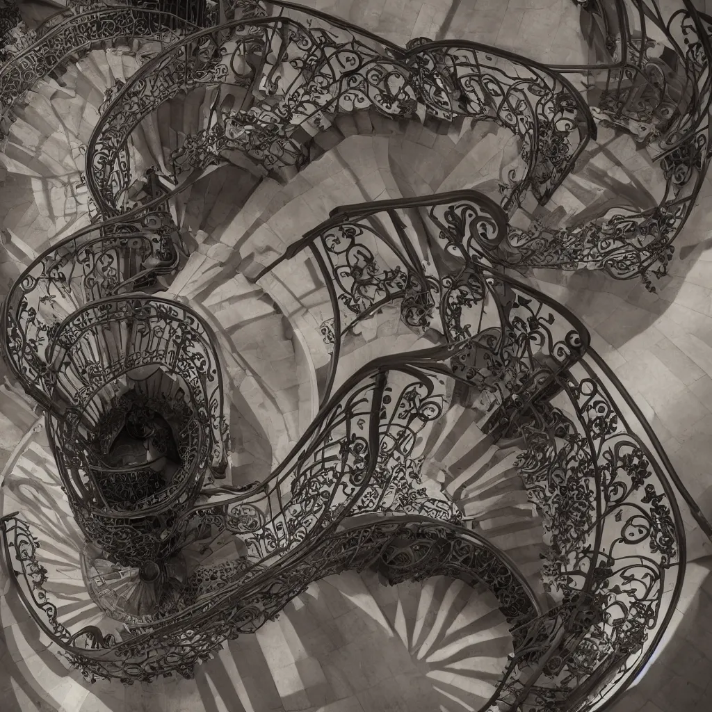 Image similar to a realistic art - nouveau spiral staircase. dark stairs. tall building, seen from the top. realistic shadows of cats. detailed, octane render, hyperrealistic, very coherent, hyper realism, high detail, octane render, 8 k