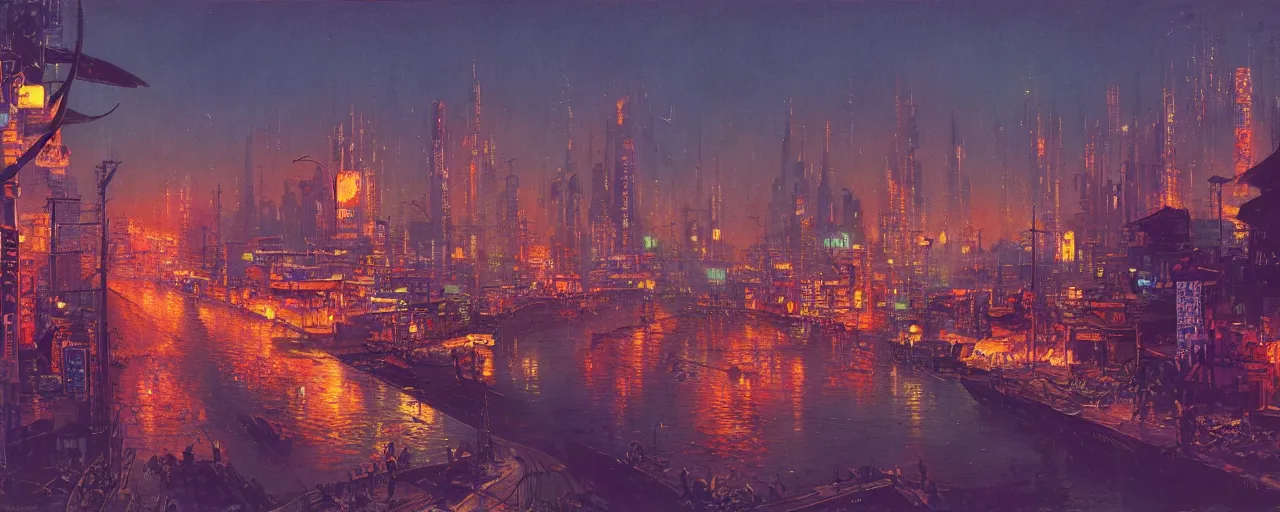 Image similar to awe inspiring bruce pennington cityscape, digital art painting of 1 9 6 0 s, antique japan at night, 4 k, matte