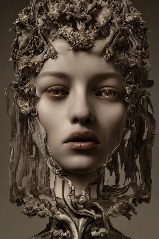 Prompt: dark beauty, surrealism, sculpture, baroque element. intricate artwork by caravaggio. trending on artstation, baroque elements, octane render, cinematic lighting, hyper realism,