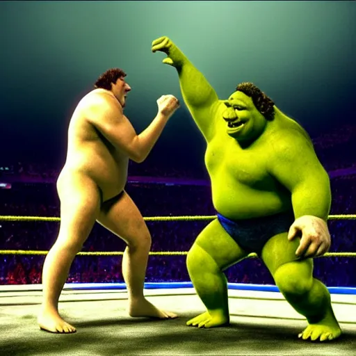 Prompt: shrek vs andre the giant at wrestlemania 8, dramatic lighting, 8k