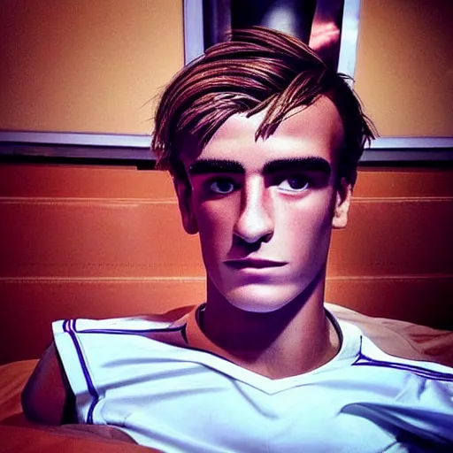 Image similar to “ a realistic detailed photo of a guy who is an attractive humanoid who is half robot and half humanoid, who is a male android, soccer player antoine griezmann, shiny skin, posing like a statue, blank stare, on the bed, on display ”