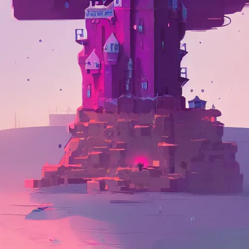 Image similar to a castle in a stunning sea by Anton Fadeev and Simon Stalenhag, purple scheme, trending on artstation