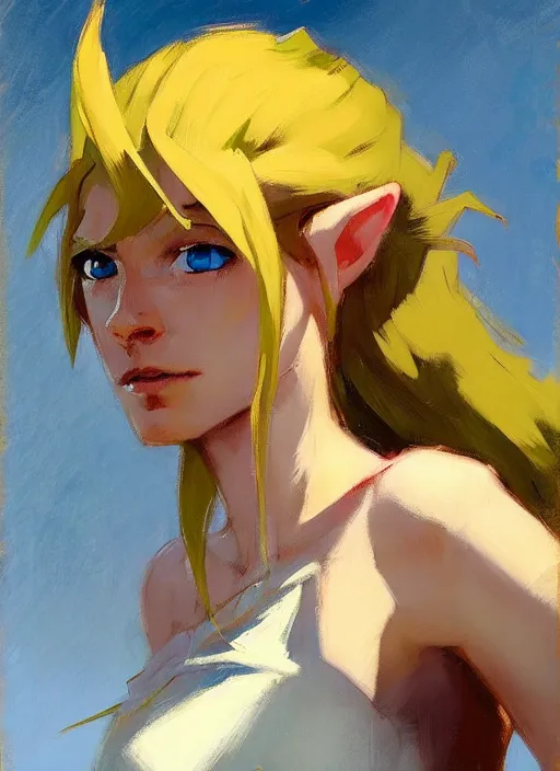 Image similar to Greg Manchess painting of a female Link from Legend of Zelda, countryside, calm, fantasy character portrait, dynamic pose, above view, sunny day, thunder clouds in the sky, artwork by Jeremy Lipkin and Giuseppe Dangelico Pino and Michael Garmash and Rob Rey, very coherent asymmetrical artwork, sharp edges, perfect face, simple form, 100mm