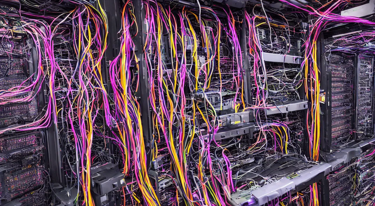 Prompt: broken corrupted server rack computer crypto mining data center servers equipment red, magenta, orange, yellow, pink, purple color coded wires and cables, blinking led status lights and indicators, chaotic 5 5 mm photography detailed footage