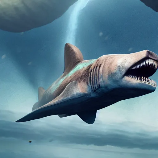 Image similar to megalodon attacking Noah's ark, hyper realistic, artstation, 8k, octane render,
