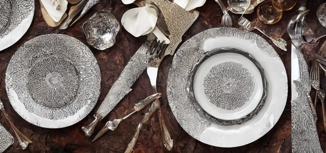 Prompt: plate made of finley detailed damascus steel, jeweled table cloth, silver knives and forks, candlelight, fireplace wide angle photograph