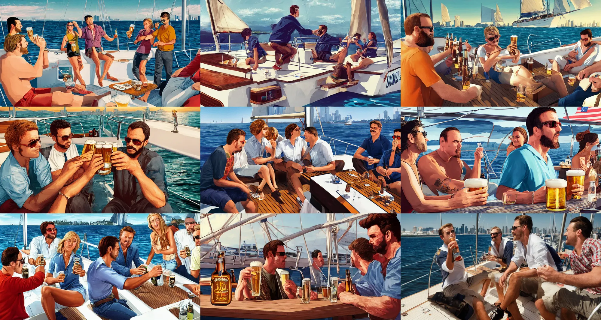 Prompt: people drinking beer on a sailboat, badass look, highly detailed, sharp focus, gta poster