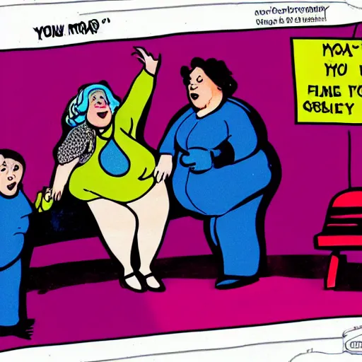 Image similar to your mama is so fat she has her own gravity, comic style, coloured ink