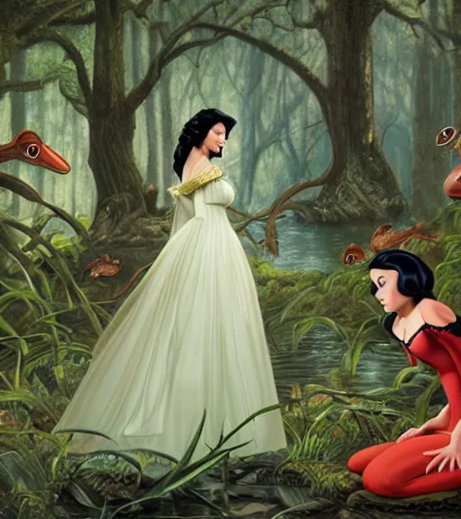 Image similar to film still of Monica Bellucci as snow white in a forest by a pond with frogs, by artgerm, makoto sinkai, magali villeneuve, Gil Elvgren, Earl Moran,Enoch Bolles, symmetrical,