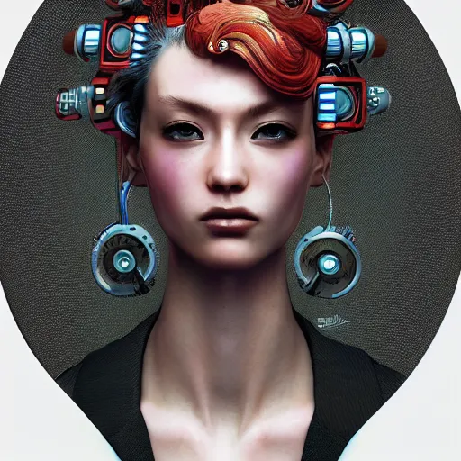 Image similar to the portrait of an absurdly beautiful, graceful, elegant, sophisticated, fashionable cyberpunk gravure idol, an ultrafine hyperdetailed illustration by kim jung gi, irakli nadar, intricate linework, bright colors, porcelain skin, unreal engine 5 highly rendered, global illumination, radiant light, detailed and intricate environment