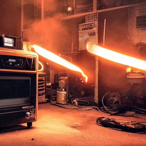 Image similar to toaster oven shangig by metallic cables, symmetry, dark messy smoke - filled cluttered workshop, dark, dramatic lighting, orange tint, sparks, cinematic, highly detailed, sci - fi, futuristic, movie still