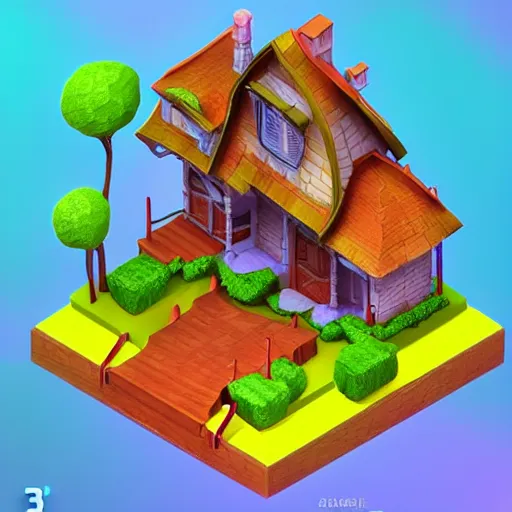 Image similar to Isometric 3D Fantasy Cute House, 3D Illustration, game art, very realistic, no background, 4k, 3D character, very colourful, cinematic lighting, soft neon, CGI render, trending on Behance