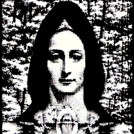 Image similar to marian apparition in forest, high contrast, found footage, vhs, 1 9 9 0, beautiful, highly realistic, highly detailed, vhs noise static, black and white, vhs glitch