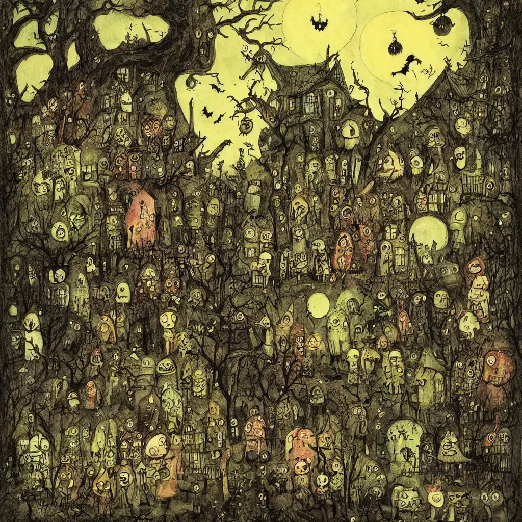 Image similar to a halloween scene by alexander jansson and maurice sendak