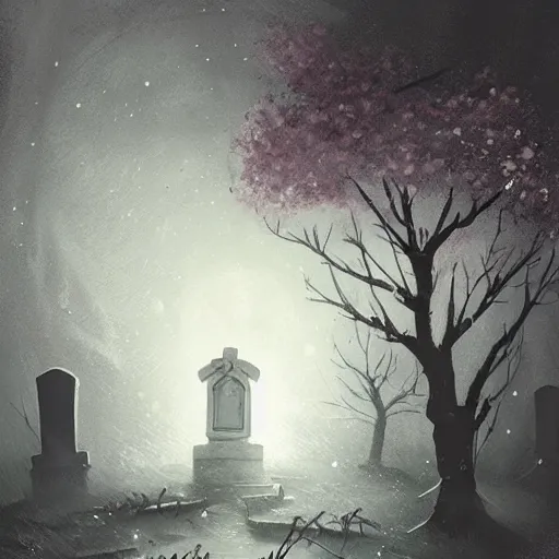 Image similar to a lonely graveyard at night, the moon shine is falling on a specific grave with a sakura tree beneath it, its raining and the atmosphere is oppressive, by aleksandra waliszewska, high detail concept art, cinematic atmosphere
