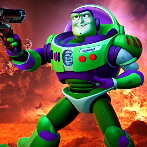 Image similar to buzz lightyear with a minigun in doom eternal, 4k, high detail, high-resolution photograph, professional photography, ultra-detail