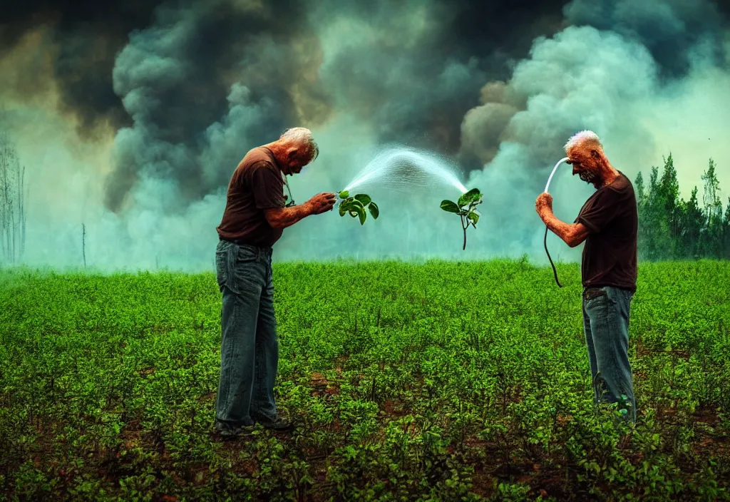 Image similar to a man watering the last plant on earth as the world burns, green leaves, apocalyptic background, smoke, doomsday art