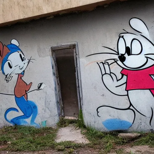 Prompt: graffiti of Tom and Jerry on an abandoned building