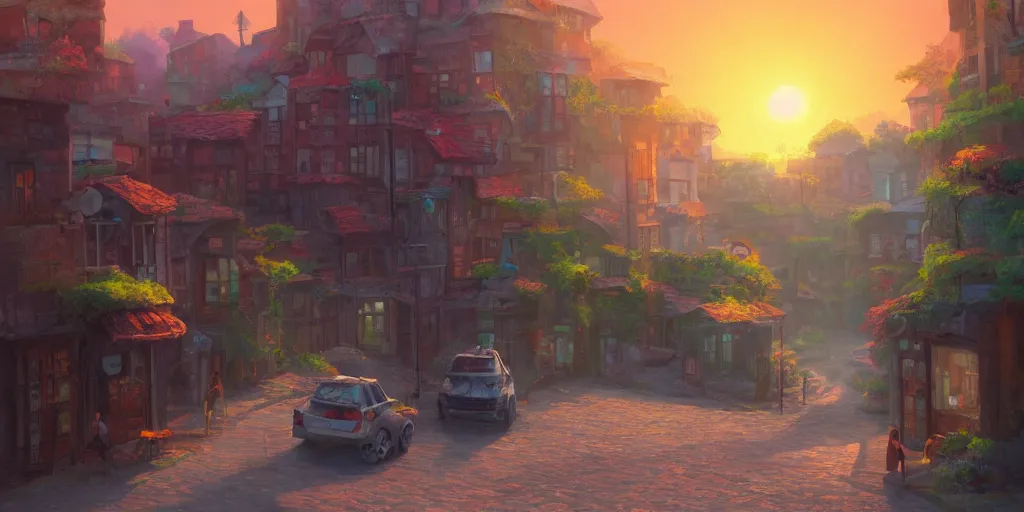 Image similar to a lonely cobblestone street with a business selling electrical appliances, on a cliff over the sea at sunset, artstation, colorful maurice noble concept art, by sarrailh, by peter chan, by makoto shinkai