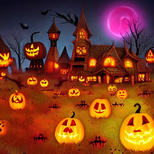 Image similar to Spooky Autumn Fantasy Art Halloween Village Decorations Flowers Glowing ghosts at night