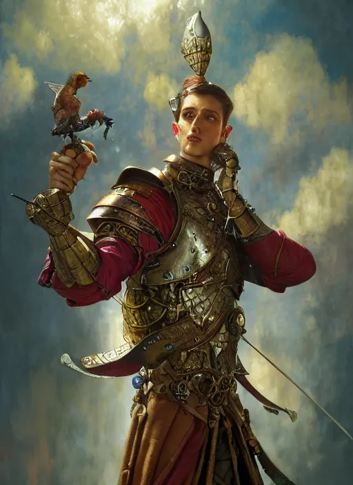 Image similar to hyper realistic knight casting a spell, refined details, denoised, birds eye view, magical, gems, jewels, gold, steampunk, cyberpunk utopia, painted by tom bagshaw, mucha, gaston bussiere, craig mullins, j. c. leyendecker 8 k