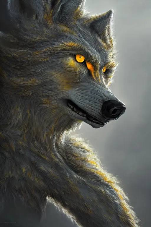 Image similar to ultra realist and ultra intricate detailed soft painting of a werewolf, from the waist up, symmetry features, yellow eyes, sensual gloomy style, volumetric clouds, foggy forest background, artstation, unreal render, depth of field