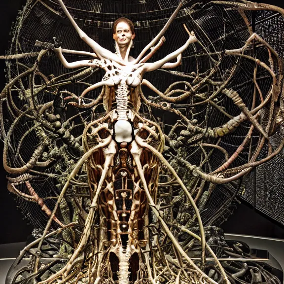 Image similar to still frame from Prometheus, biomechanical gaia, by Neri Oxman and alexander mcqueen metal couture editorial, in mycelium hanging garden by giger by utagawa kuniyoshi