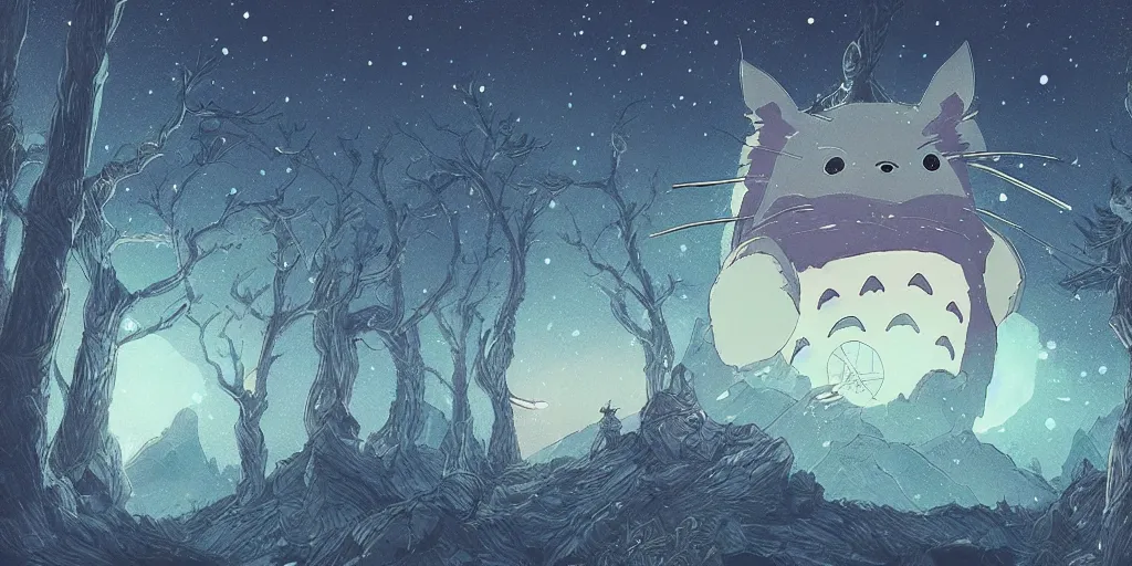 Image similar to glowing wireframe totoro, forest god of princess mononoke, mountain landscape, night sky, digital art, digital painting, celestial, majestic, colorful