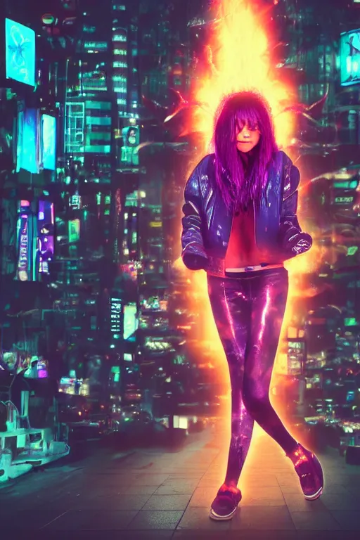 Image similar to young teen with purple tentacled hair, with red flames dancing on her hands with a long jacket in a cyberpunk city, realistic, high definition, 4K, shimmering color, digital art, Instagram filters, Photoshop, Adobe Lightroom, Adobe After Effects, taken with polaroid kodak portra