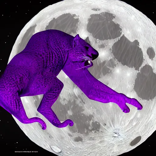 Image similar to closeup of a purple panther roaring at the moon. forest. night. large moon in the center. trending on artstation. cinematic. photoreal. dark colors.