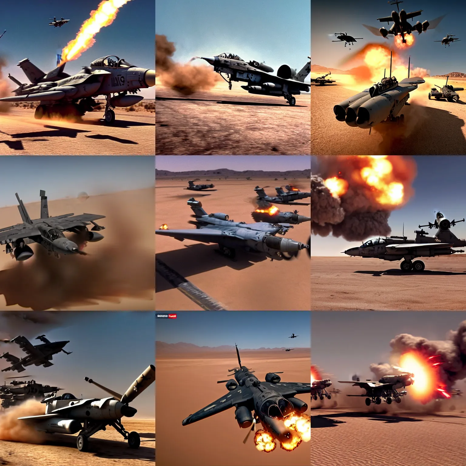 Prompt: a gritty hyperdetailed photorealistic a - 1 0 warthog ground attack aircraft shooting a gatling gun at a small group of vehicles in the desert, cinematic framing, cinematatic lighting, cinematic shadows, in the style of top gun maverick