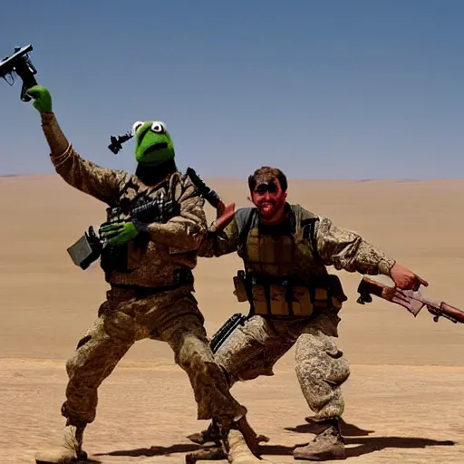 Prompt: muppets dressed as special forces fighting in the desert. epic action movie production photograph.