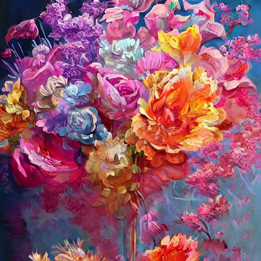 Image similar to a bouquet of ethereal big colorful transparent flowers, direct sunlight, glowing, vivid, detailed painting, by James Jean and Ross Tran, masterpiece, award winning painting
