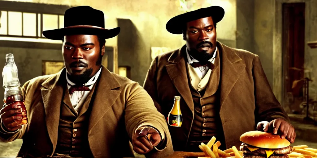 Prompt: fat Django unchained in Macdonald's eat cheeseburger and French fries and drink coca cola.