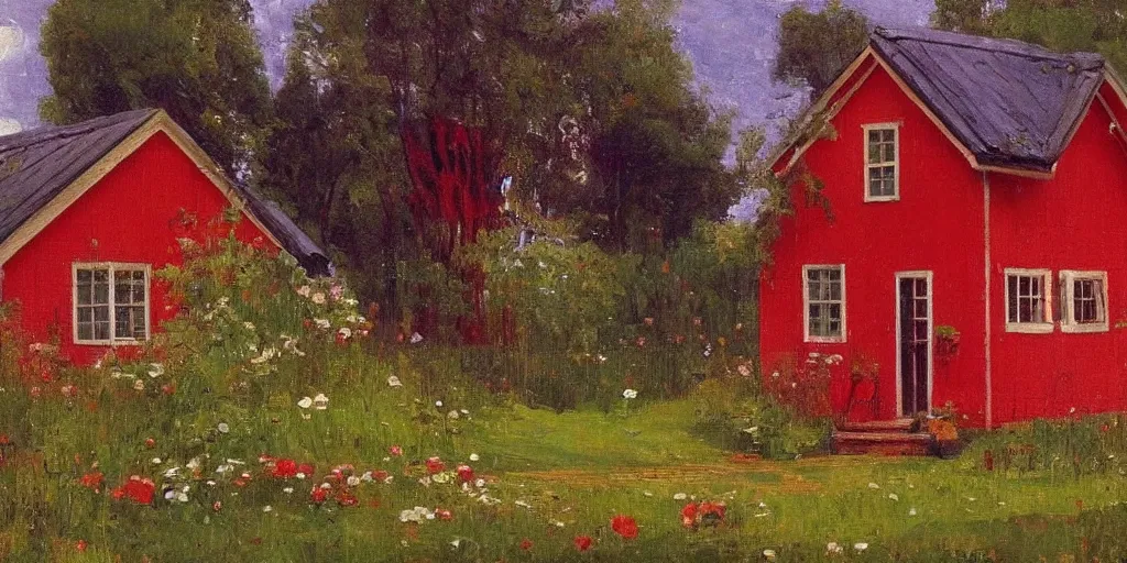 Image similar to a swedish red cottage in the style of ilya repin