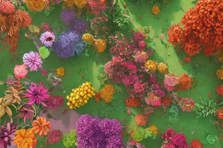 Prompt: super detailed color art, a lot of small garden flowers, A multiverse of berries, unreal engine, wes anderson color palette, 3d render, colorful, digital art