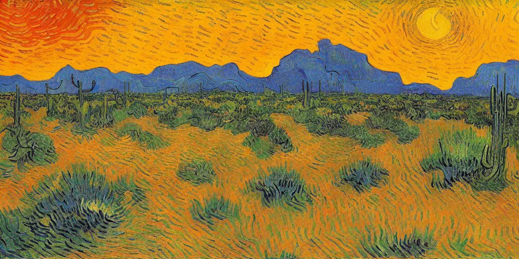 Prompt: Arizona desert, the passage of time, Oil Paint, Overdimensional, sunrise, by Vincent Van Gogh