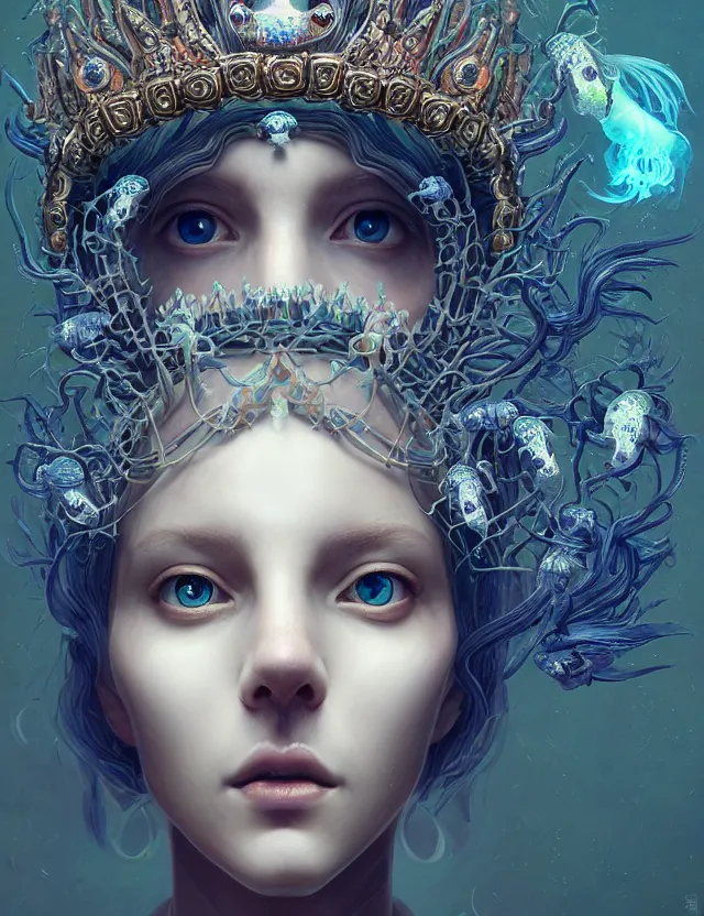 Prompt: symmetrical, centered, goddess close-up portrait wigh crown made of skulls. betta fish, phoenix, bioluminiscent creature, super intricate ornaments artwork by Tooth Wu and wlop and beeple and greg rutkowski