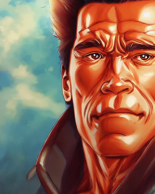 Image similar to anime portrait of Arnold Schwarzenegger as an anime man by Stanley Artgerm Lau, WLOP, Rossdraws, James Jean, Andrei Riabovitchev, Marc Simonetti, and Sakimichan, trending on artstation