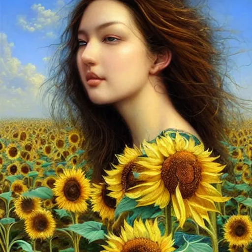 Prompt: a girl slowly walking through amazing tall sunflower field, hair flowing, early morning lighting, elegant, subtle, intricate details, beautiful face!, real masterpiece, oil on canvas, by karol bak, ayami kojima, artgerm, smile, concept art, fantasy