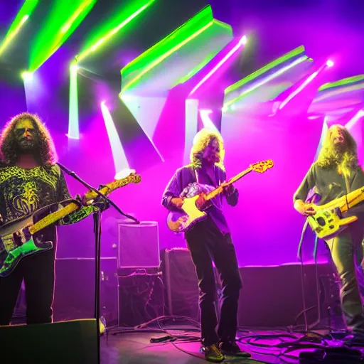 Image similar to New Age Psychedelic Rock band on stage, psychedelic lighting, award winning professional concert photography, epic, hyper realistic