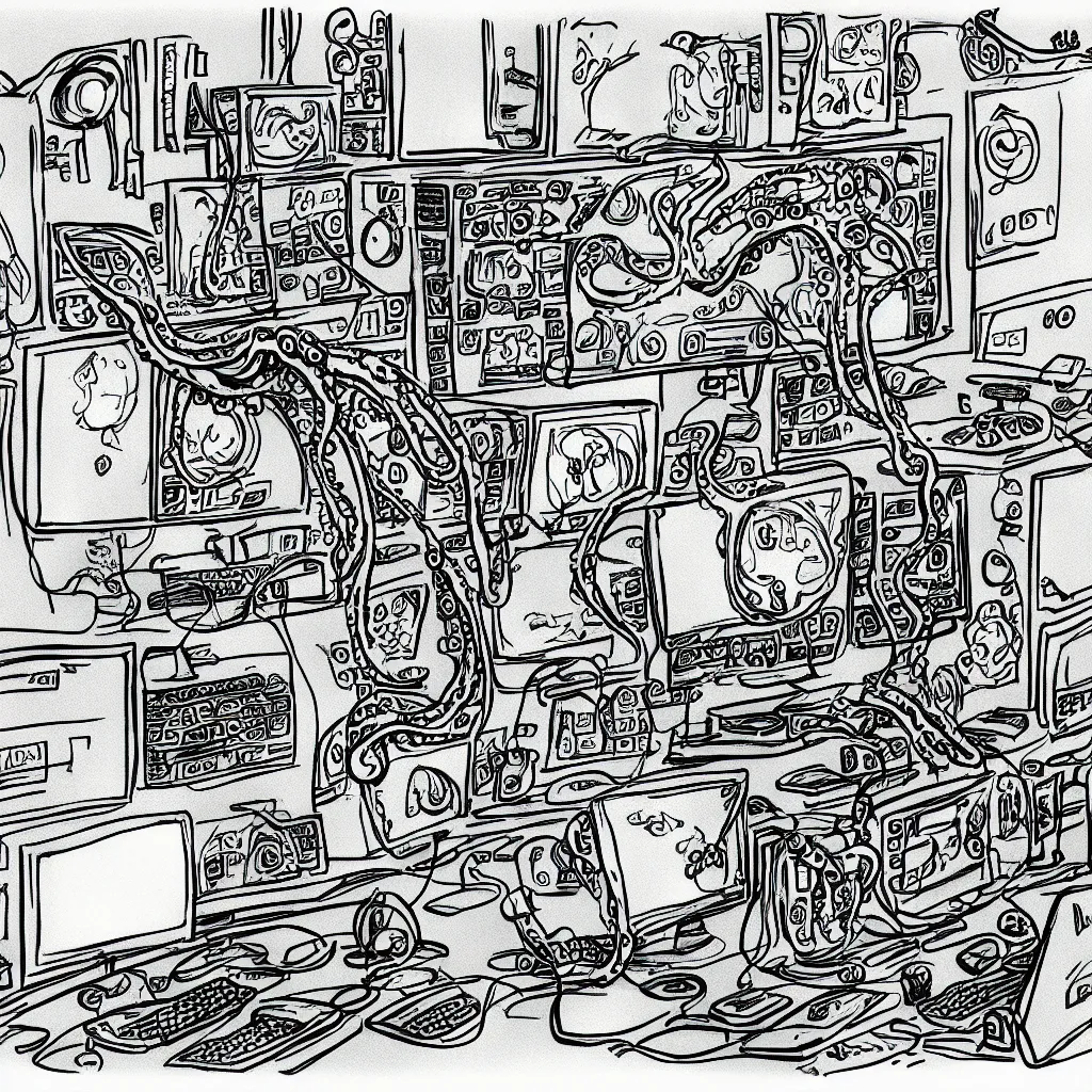 Prompt: drawing of an octopus multitasking in a computer workroom in front of many colorful monitors, caricature style,